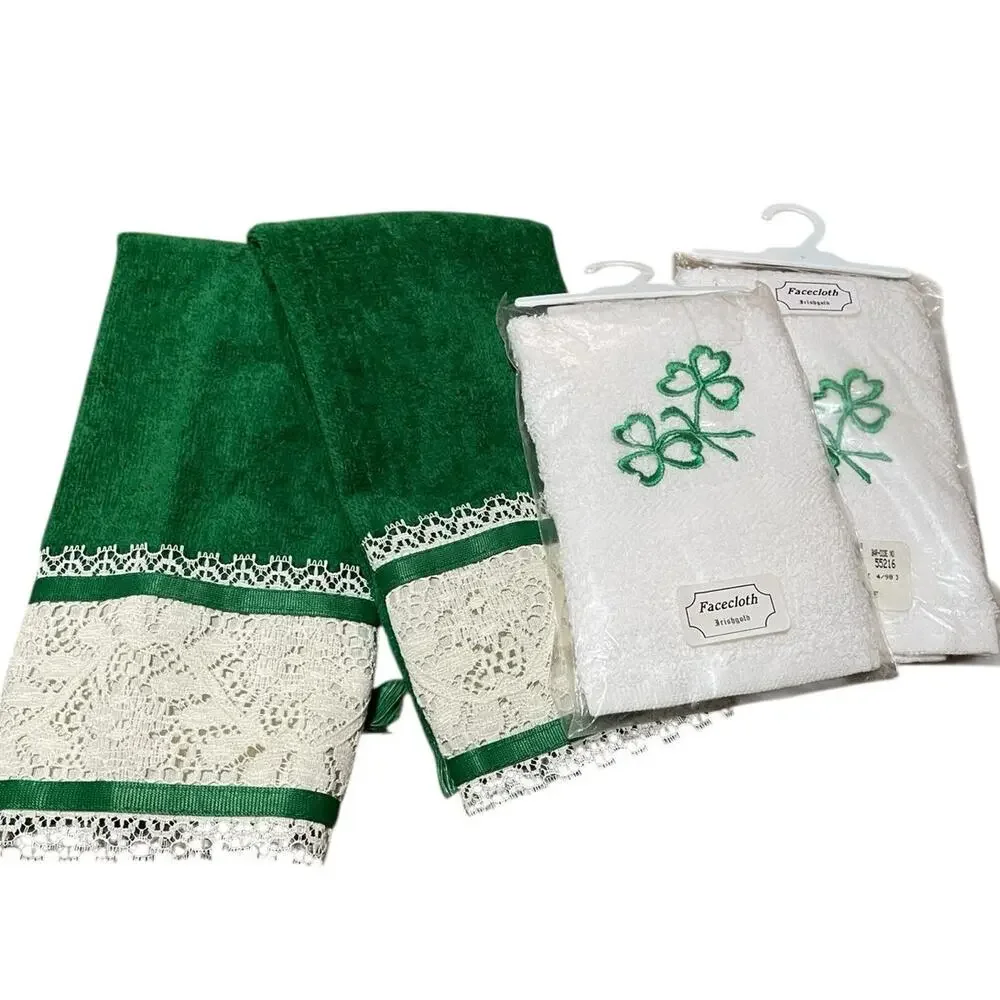 Vintage Two NEW Embroidered Shamrock Irish Facecloths and Green Lace Handtowels